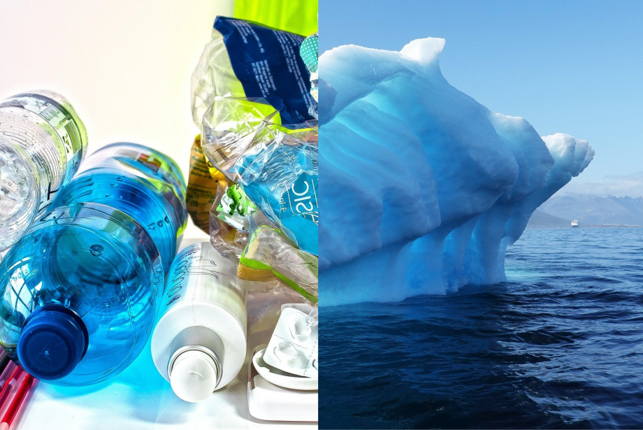 Plastic bottles and melting iceberg