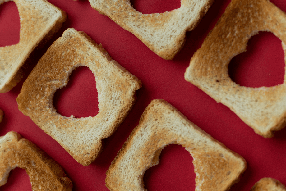 Toasted sliced white bread with heart cut outs 