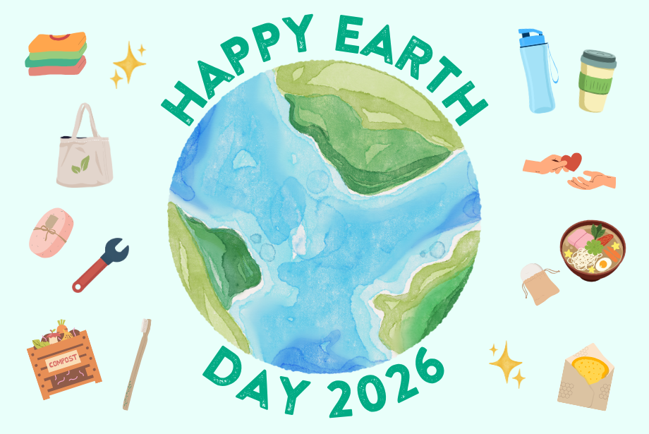 Image of the Earth surrounded by "Happy Earth Day 2026".