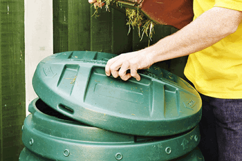 Adding garden waste into a plastic compost bin